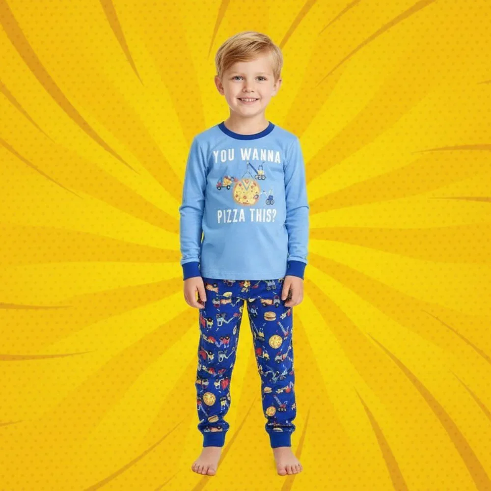 Pizza Construction Kids Pajama Set – Blue Food Truck Nightwear NWT